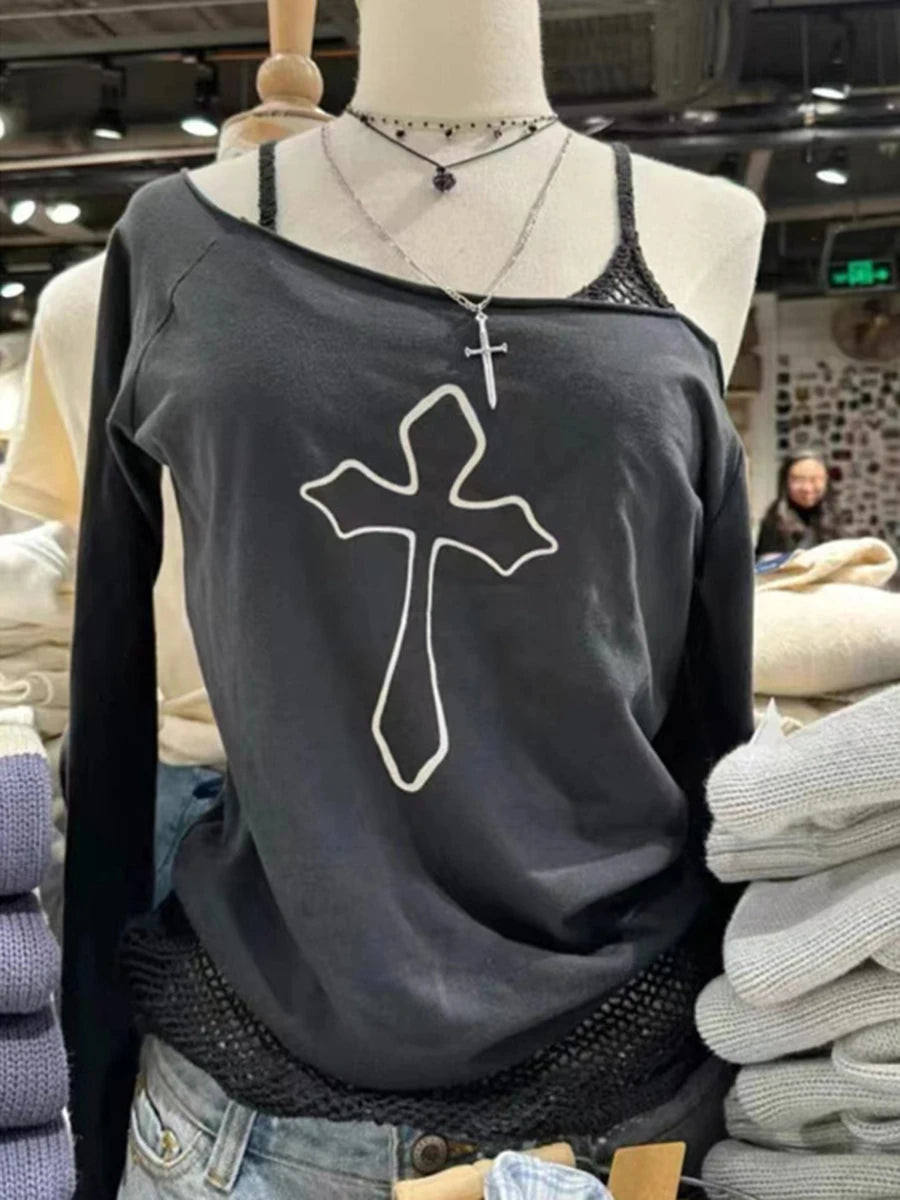 Harajuku Black Raw Trim T-shirts Women Cotton Casual Sexy Slash Neck Long Sleeve Tees Female Streetwear Vintage Y2K Tops Clothes