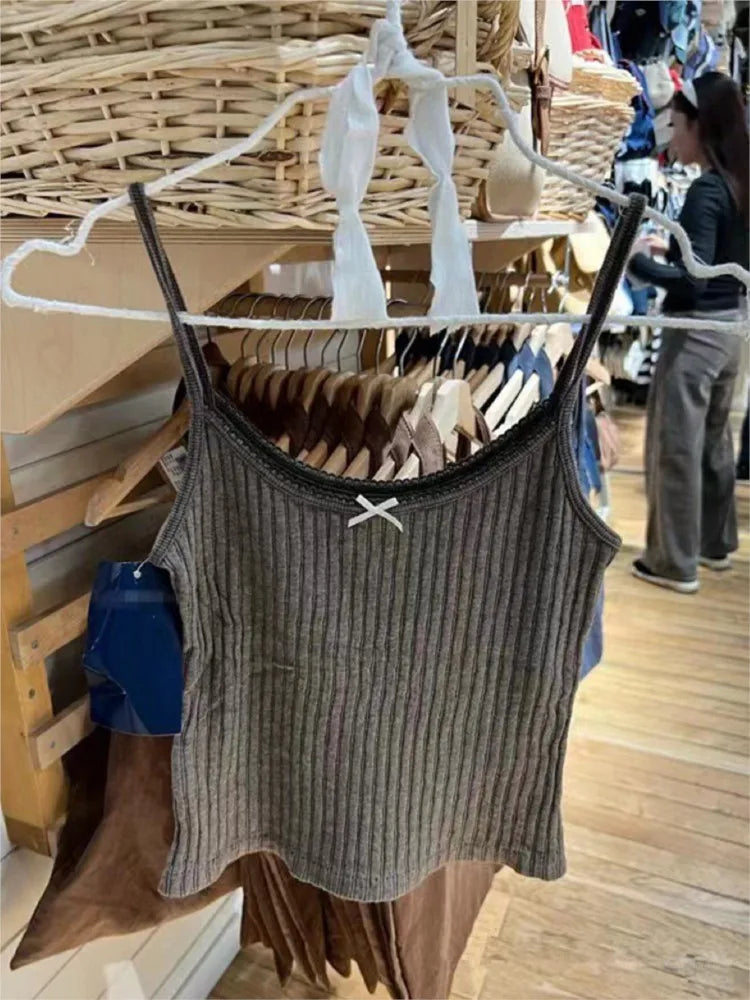 Retro Ribbed Knit Bow Camis Women Summer New Cotton Lace Trim Casual Sleeveless Tank Tops Sweet Vintage Chic Slim Crop Top Y2K