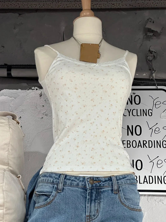 Pink Floral Print Lace Trim Tank Tops Women Summer New Cotton Bow Casual Chic Simple Camisole Girl Sweet Cute Vintage Vests Y2K