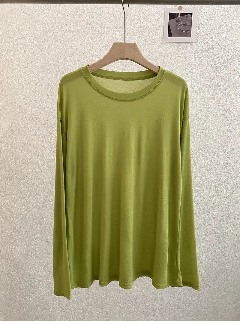 Sweet Thin Sun Protection T-shirts Women Summer Casual Streetwear Lyocell O-neck Long Sleeve Tees Chic Preppy Style Tops Y2K New