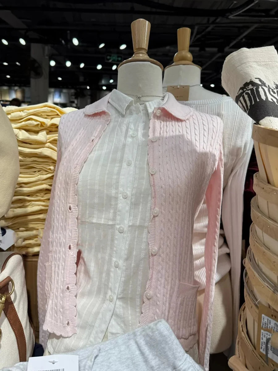 Pink Twist Babydoll Top Cardigan Women Autumn New Lace Trim Collar Cotton Buttons Knitted Jumper Sweet Cute Preppy Style Sweater