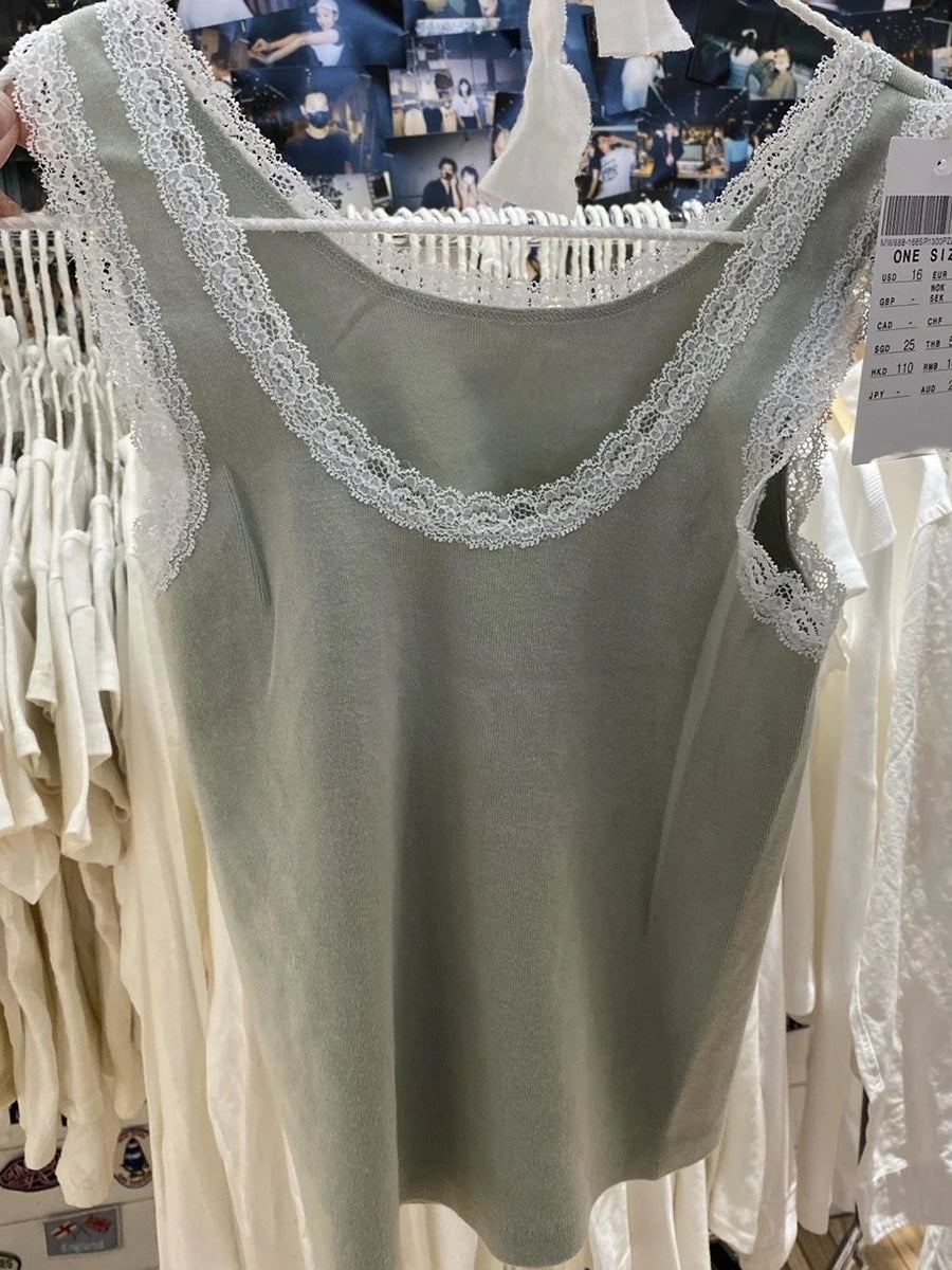 New Sweet Blue Lace Trim Tank Tops Women Summer Cotton Slim Sexy Simple Sleeveless Vests Harajuku Vintage Cute Camis Y2K Clothes