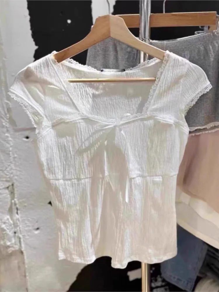 Lace Trim Square Neck T-shirts Women Summer New Casual Slim Bow Folds Texture Short Sleeve Tees Sweet Cute Preppy Style Tops Y2K