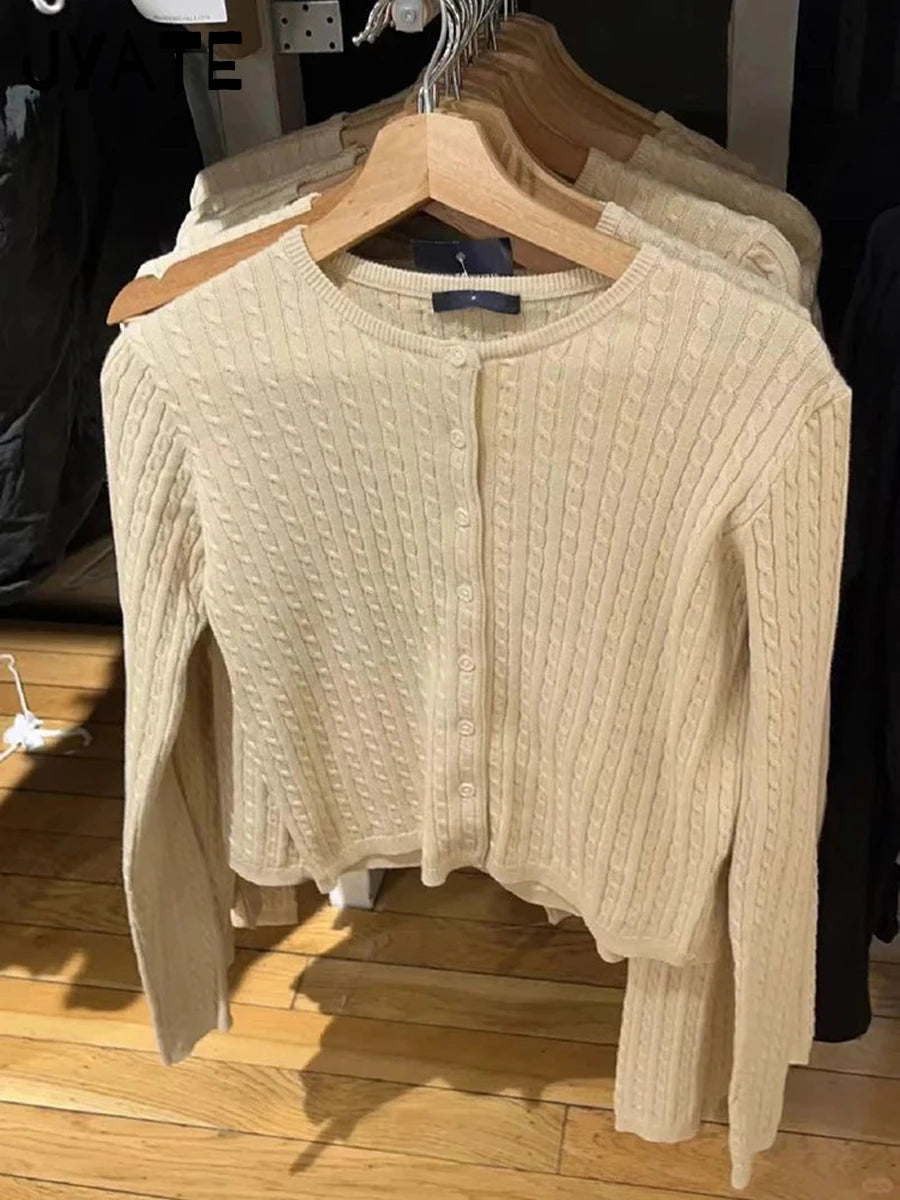 Simple Pockets Slim Knitted Sweater Cardigan Woman O-Neck Long Sleeve Cotton Sweaters Sweet Preppy Style Knitwear Coat Y2K Tops