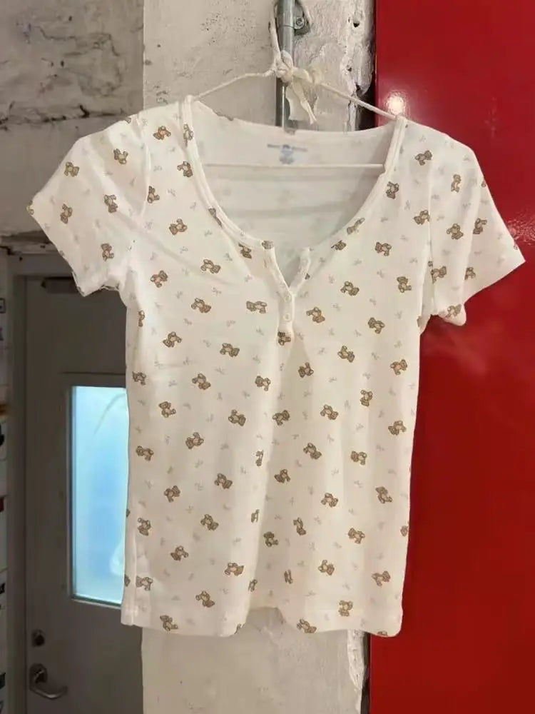 Little Bear Bow Print Slim T-shirt Woman Summer Round Neck Short Sleeve Cottton Tee Shirts Casual Sweet Cute New Tshirt Y2k Tops