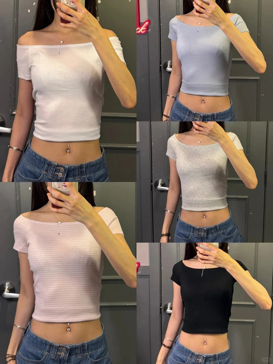 Solid Sexy Slash Neck Short Sleeve Tees Women Summer New Casual Cotton Street Tops Clothes Cute Sweet Preppy Style T-shirts Y2K
