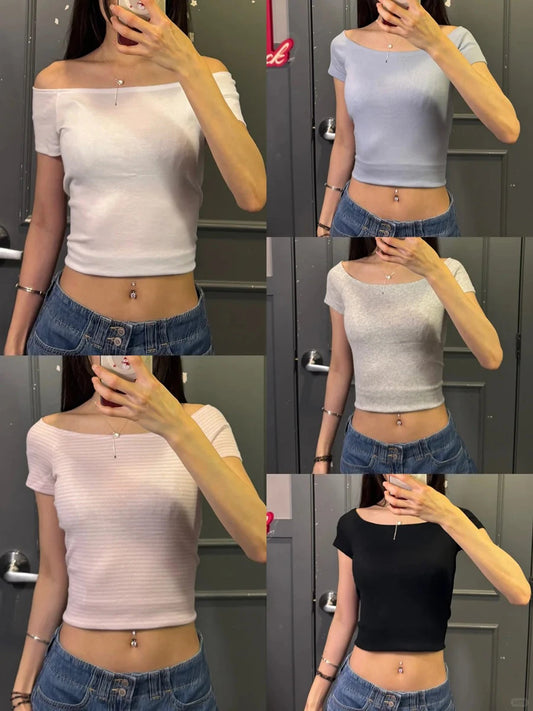 Solid Sexy Slash Neck Short Sleeve Tees Women Summer New Casual Cotton Street Tops Clothes Cute Sweet Preppy Style T-shirts Y2K