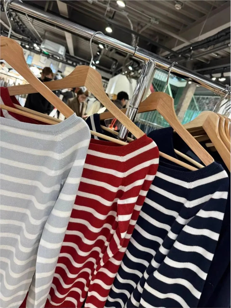 Red Striped Knit Sweater Women Autumn Streetwear Slash Neck Long Sleeve Pullovers Preppy Style New Sweet Casual Chic Jumpers Y2K