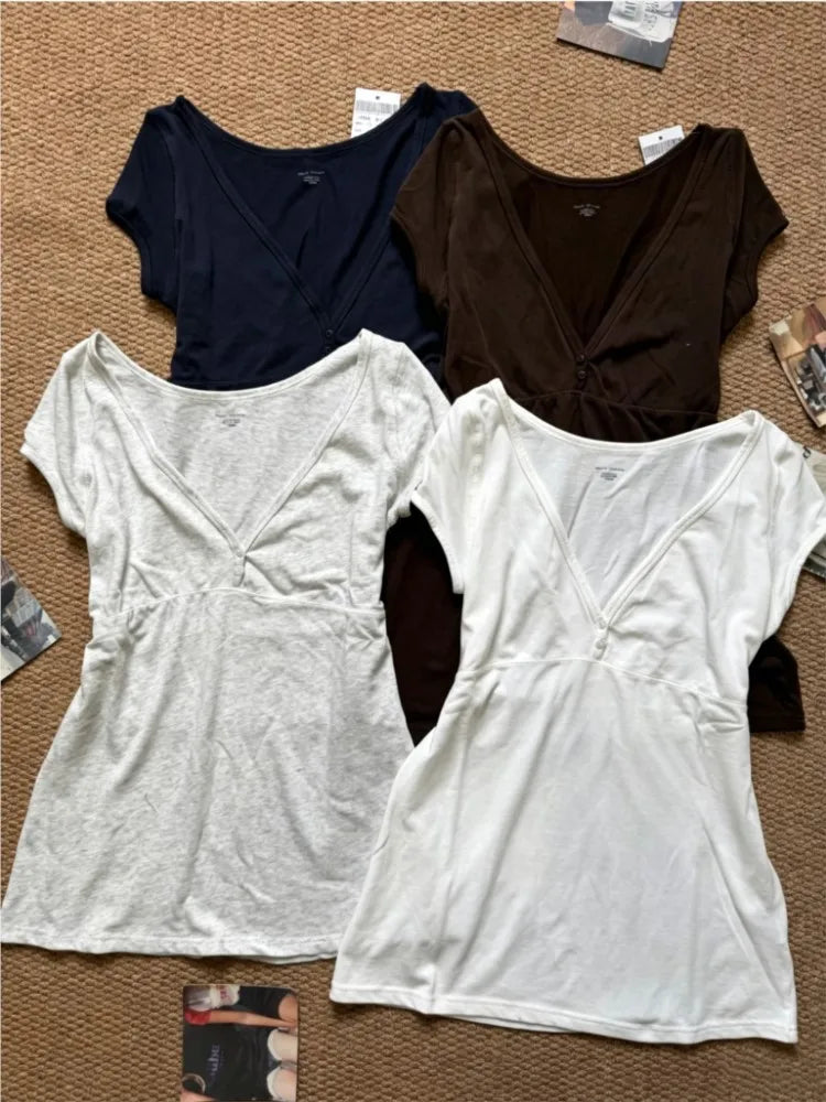 White V-neck Buttons T-shirts Women Simple All-match Casual Cotton Slim Short Sleeve Tee Sweet Cute Preppy Style Tshirt Y2K Tops