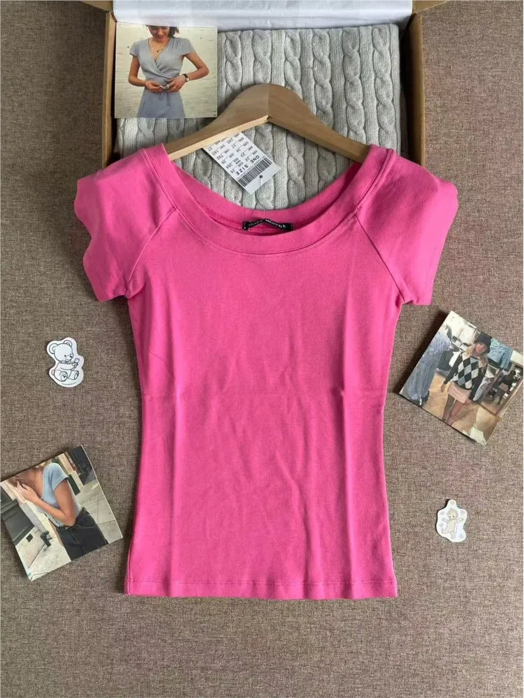 Rose Pink Slash Neck T-shirt Women Casual Preppy Style Slim Short Raglan Sleeve Cotton Tee Shirts Sweet Preppy Style Tshirts Y2K