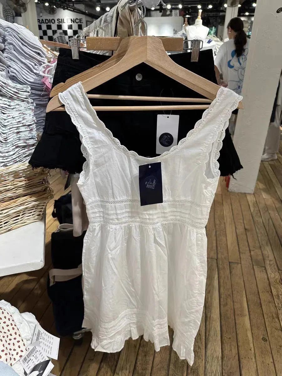 Chic Lace Trim White Mini Dress Women Summer Round Neck Lace-up Sleeveless A-line Short Vestidos Sweet Preppy Style Dresses Y2K