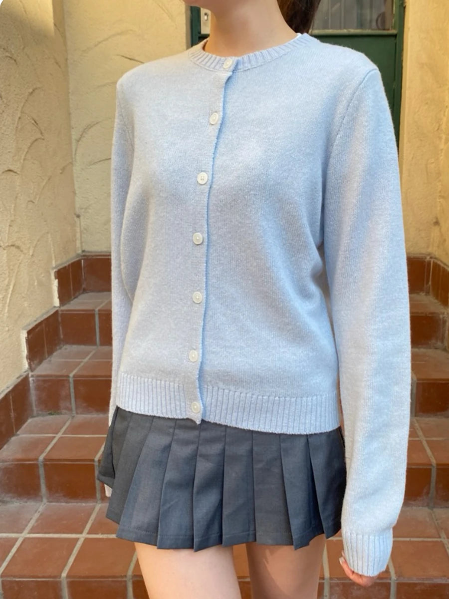 Blue Vintage Long Sleeve Knitted Cardigan Women New Cotton O-neck Casual Button Jumper Coat Sweet Preppy Style Sweater Y2K Tops