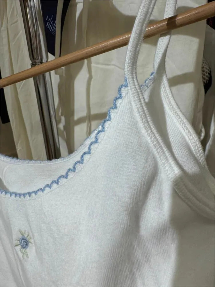 Sweet Floral Embroidery Lace Trim Camisole Women Spring Slim Sleeveless Cotton Tank Top Cute Preppy Style Chic Vest Y2K Tops New