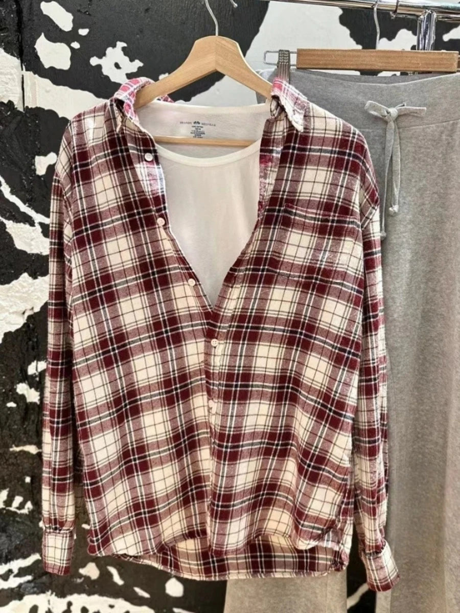 Retro Red Plaid Button Loose T-shirts Women Cotton Turn Down Collar Casual Simple Tees Coat Vintage Chic Streetwear Blouse Y2K