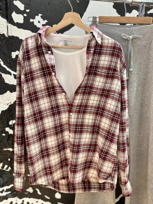Retro Red Plaid Button Loose T-shirts Women Cotton Turn Down Collar Casual Simple Tees Coat Vintage Chic Streetwear Blouse Y2K