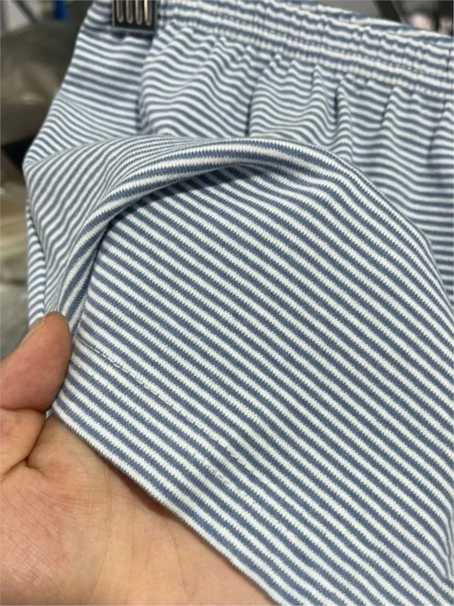 Cute Blue Striped Bra Shorts Set Women V-neck Slim Bras with Straight Sweatshorts Sweet Cute Cotton Home Pajama 2 Piece Sets Y2K
