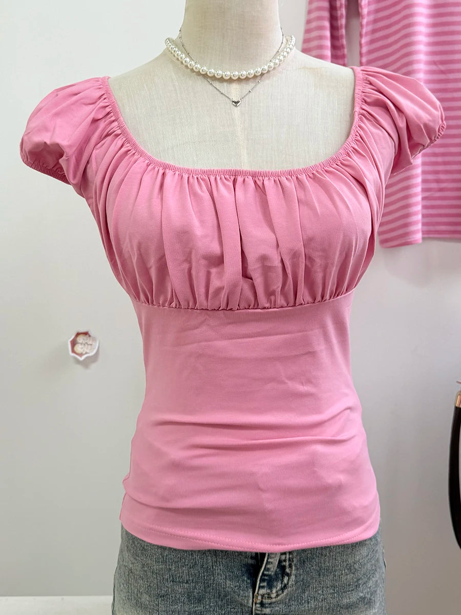 Mint Green Folds Slim T-shirts Women Summer Vintage Square Collar Cotton Puff Sleeve Tees Female Aesthetic Sweet Cute Y2K Tops