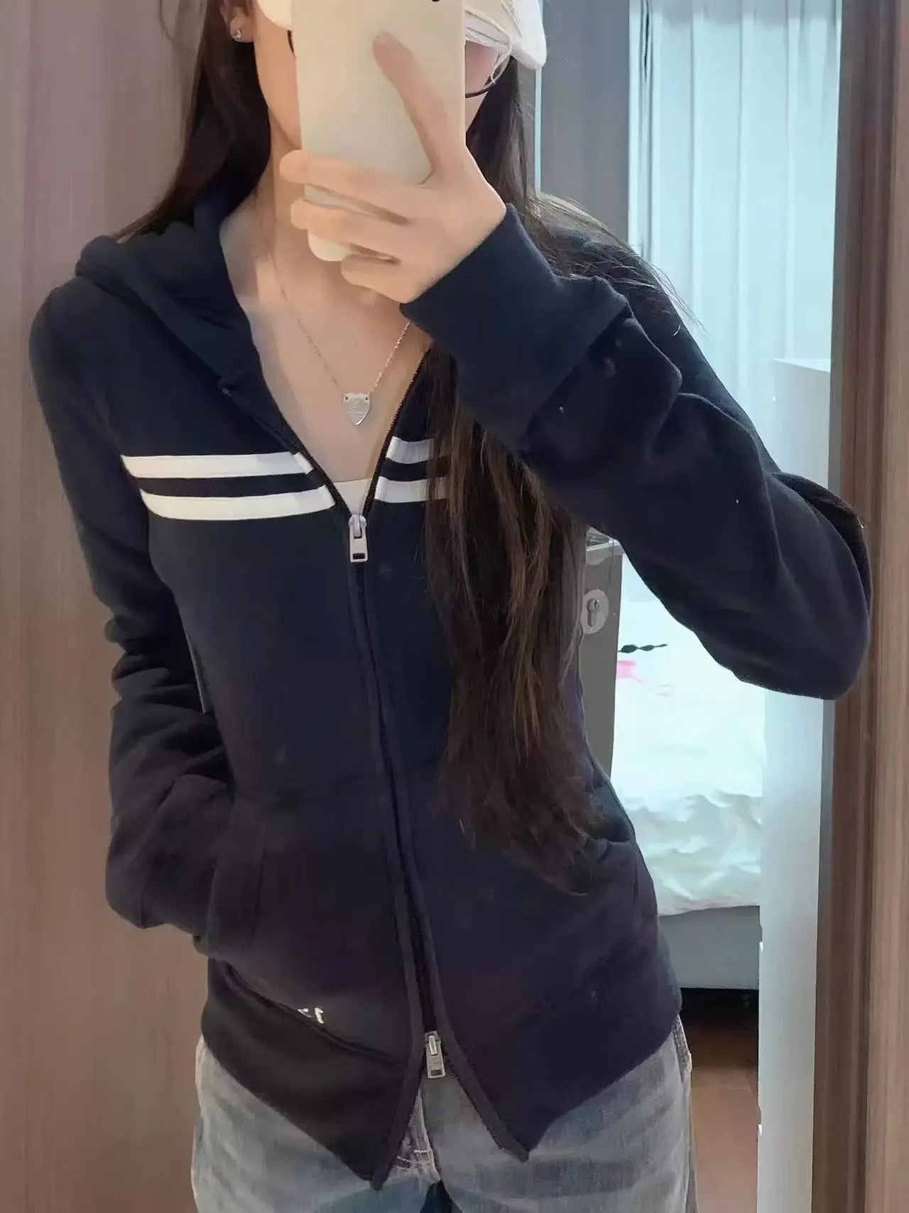 Patchwork Sweet Zipper Hoodies Women Autumn Casual Pockets Drawstring Hoodie Tops Vintage Loose Preppy Style Sweatshirts Coat