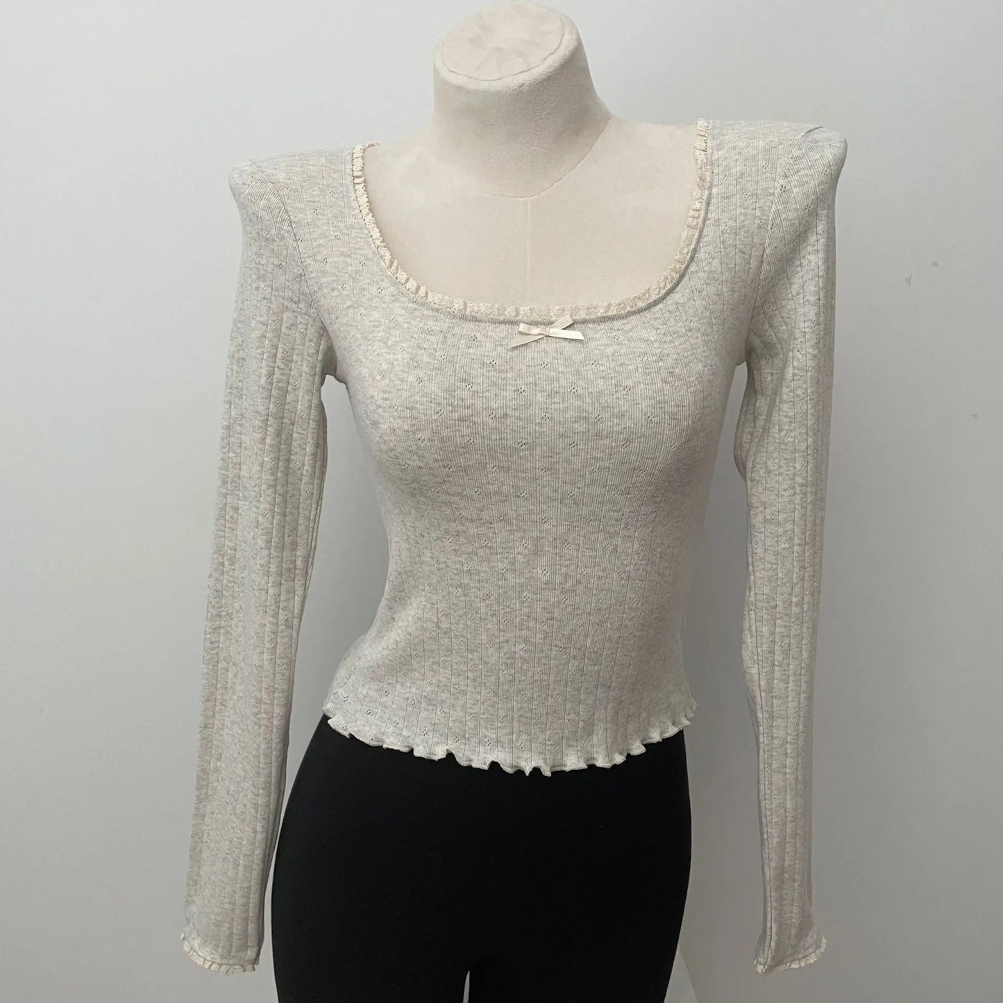 Solid Hollow Out Cotton Soft T-shirts Spring Bow Lace Trim Square Neck Long Sleeve Tee Slim Chic Sweet Vintage Cute Crop Tops