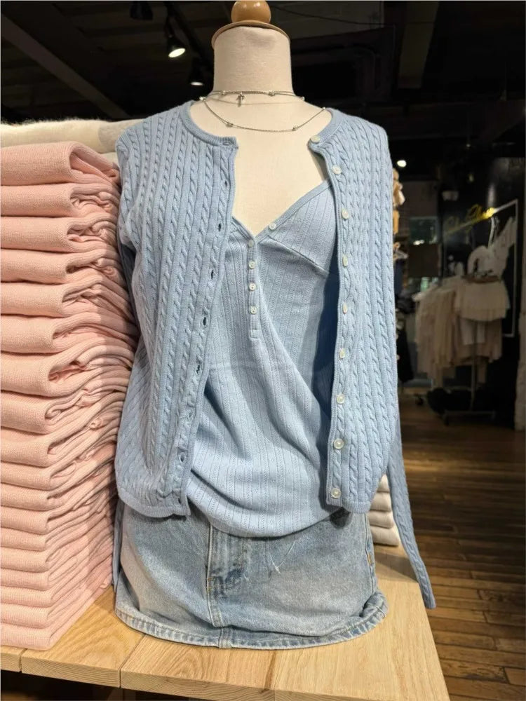 Light Blue Twsited Knitted Cardigan Women Spring Casual Simple Buttons Jumper Chic Preppy Style Sweet Sweaters Y2K