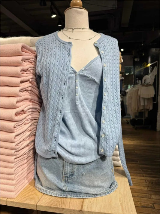 Light Blue Twsited Knitted Cardigan Women Spring Casual Simple Buttons Jumper Chic Preppy Style Sweet Sweaters Y2K