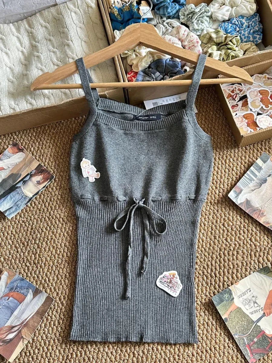 Lace-up Knitted Tank Top for Woman Summer Deep Grey Cotton Camisole Female Casual Simple All-match Preppy Style Basic Tops y2k