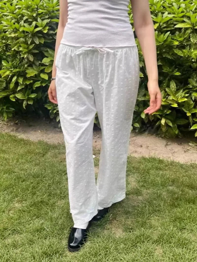 White Drawstring Straight Sweatpants Women Spring Y2K Cotton Linen Casual High Waist Trousers Sweet Cute Sport Long Pants New