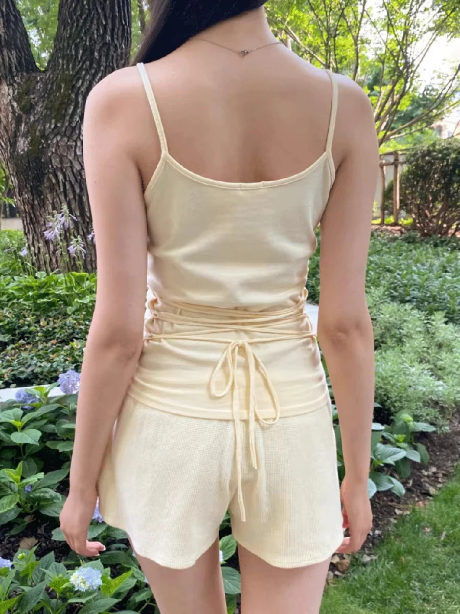 Yellow Back Lace-up Slim Tank Top Women Summer Casual Basic Cotton Sleeveless Vest Clean Girl Sweet Cute Camis Simple OOTD New
