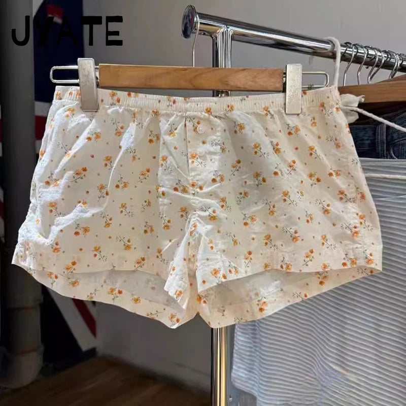 Floral Print Buttons Shorts Pant Women Summer Cotton Simple Elastic High Waist Home Underwear Casual Streetwear Chic Shorts Y2K