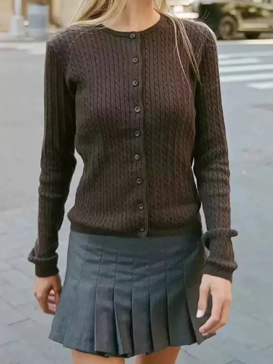 Brown Twsit Cardigan Women Spring Simple Casual Cotton Slim Button Long Sleeve Sweater Vintage Chic Preppy Style Sweaters Y2K