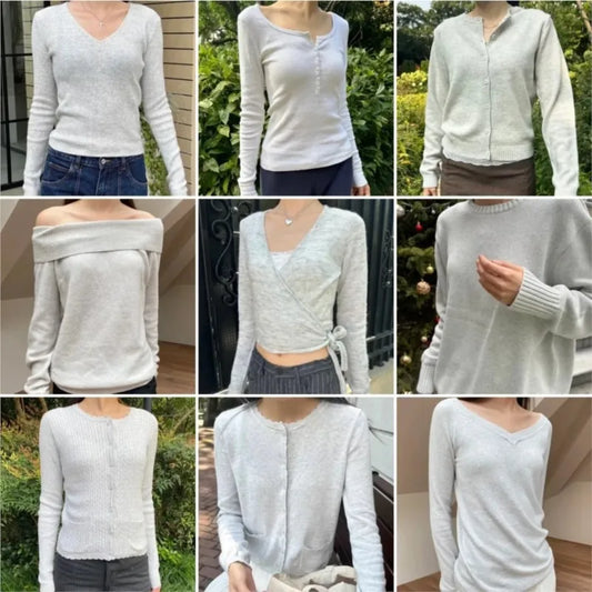 Gray Long Sleeve Knitted Cardigan Women New Simple Basic Cotton O-neck Casual Preppy Style Jumper Sweet Vintage Chic Sweater Top