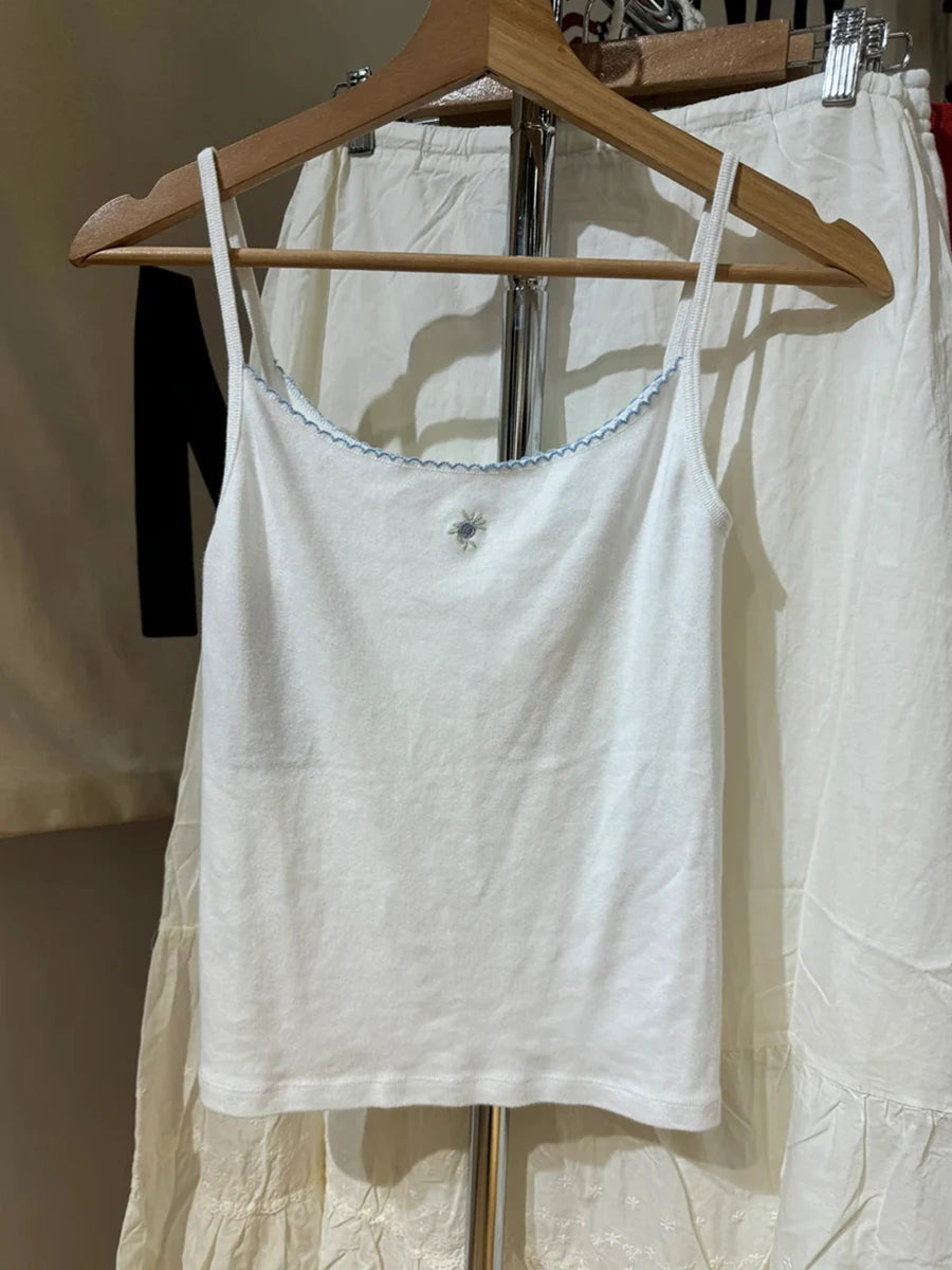 Lace Trim Red Floral Embroidery Crop Top Women White Cotton Slim Sleeveless Camisole Sweet Girls Cute Tank Tops Y2K Clothes New