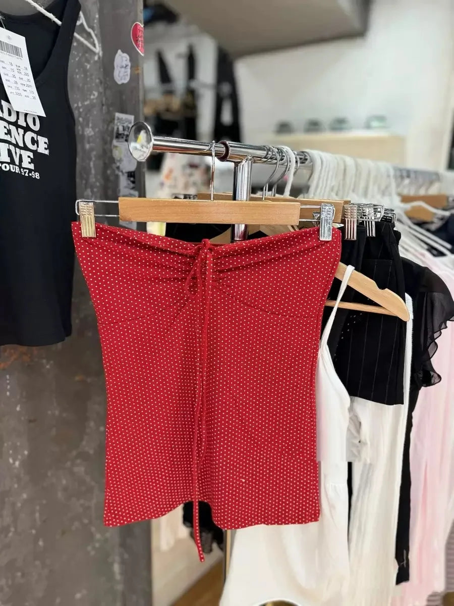 Red Dot Print Drawstring Folds Strapless Tank Top Women Cotton Slim All-match Camisole Sweet Harajuku Preppy Style Vest Y2K Tops
