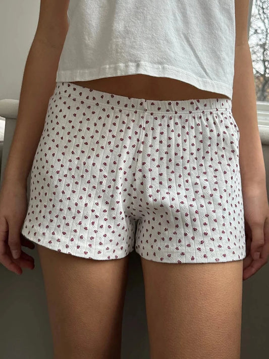 Red Floral Print Cotton Short Pants Women Summer Casual Eyelet High Straight Homewear Vintage Sweet Cute Sweatshorts Y2K