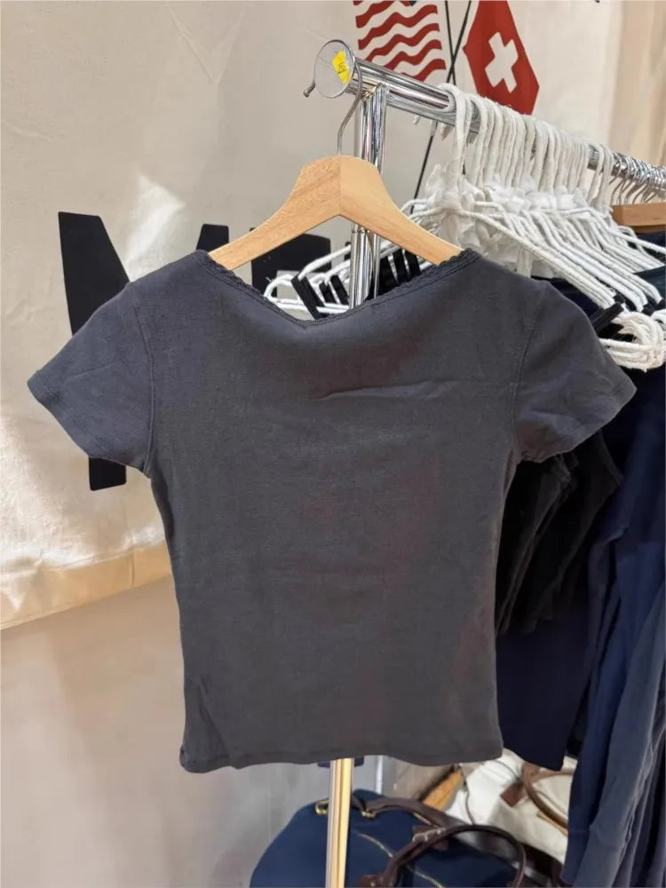 Black Lace Trim Tshirt Women Summer Simple Cotton Slim Crew Neck Short Sleeve Cropped Tees Vintage Streetwear Chic T-shirts Y2K