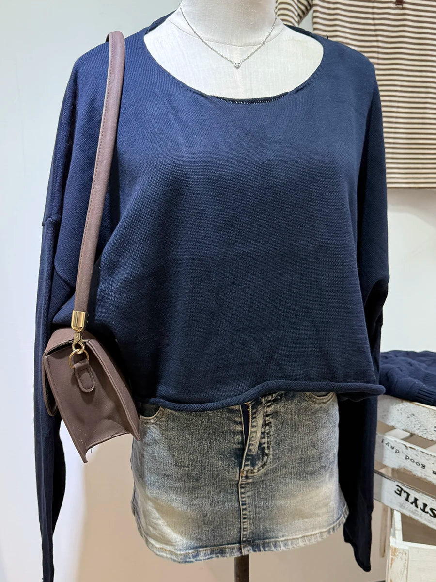 Raw Hem Loose Cropped Sweater Woman Autumn Scoop Neck Long Sleeve Oversized Jumper Vintage Streetwear Cotton Knit Sweaters Y2k