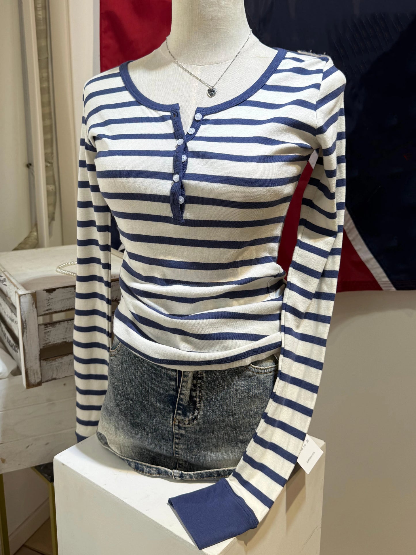 Sweet Pink Gray Striped Long Sleeve Tees Women Autumn Cute Cotton Buttons Slim T Shirt Tops Shoujo Clothes Simple Basic T-shirts