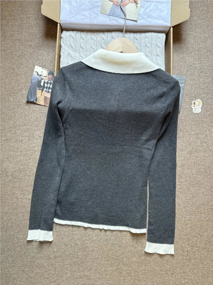 Gray Buttons Knitted Tops Women Summer New Cotton Casual Patchwork Turn-down Collar Tees Female Sweet Preppy Style T-shirts Y2K