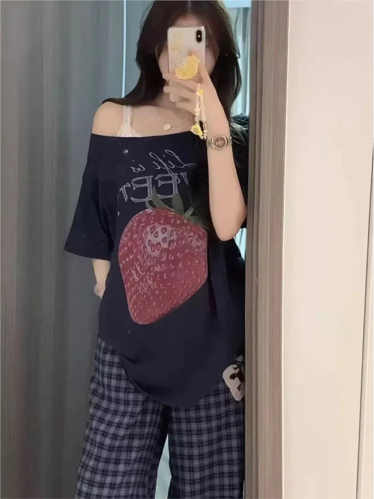 Strawberry Print Cotton T-shirts Women Summer Sexy Slash Neck Loose Short Sleeve Tees Female Sweet Streetwear Preppy Style Tops