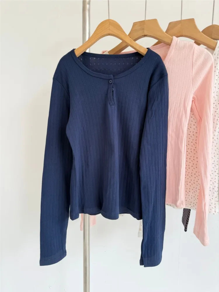 Navy Eyelet Three Buttons Long Sleeve T-Shirt New Autumn O-Neck Simple Slim Tee Top for Women Sweet Cute Basic Tshirt Y2k Tops