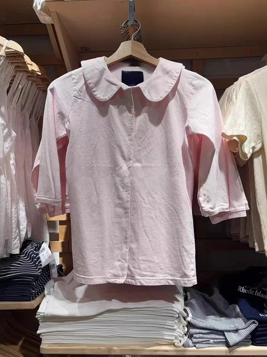 Sweet Pink Button Doll Tops Women Summer New Cotton Casual Turn-down Collar Half Sleeve Tees Female Preppy Style T-shirts Y2K