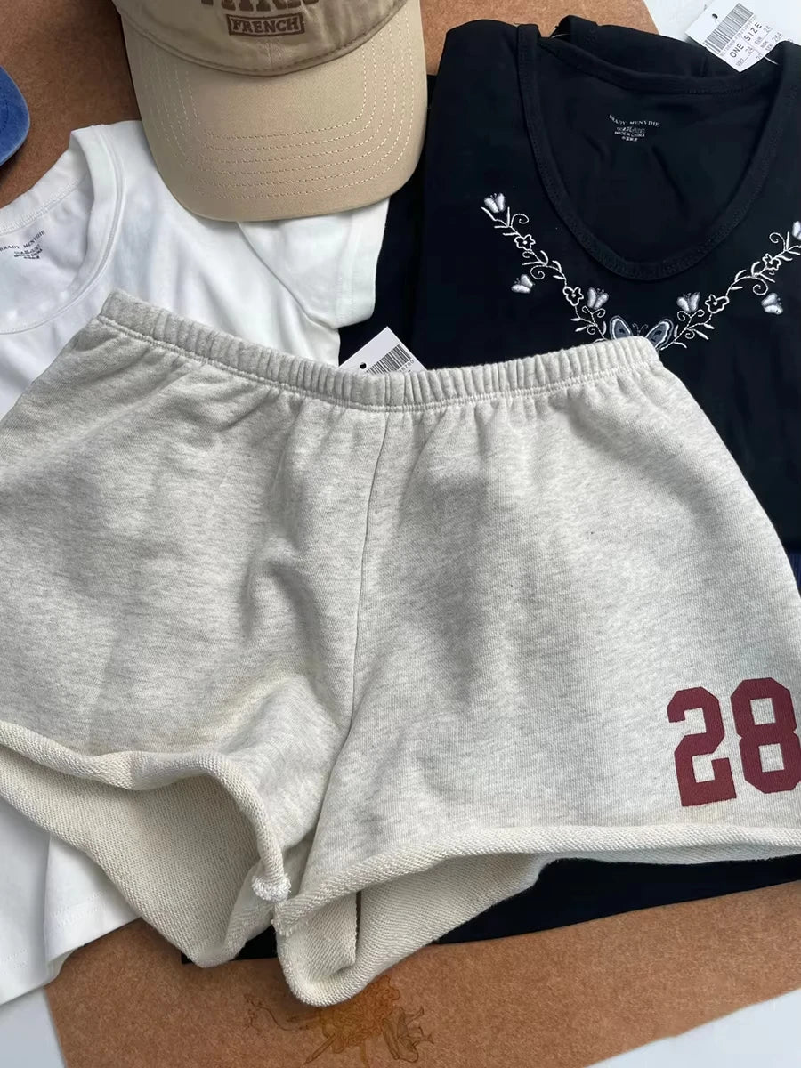 NO.28 Embroidery Straight Shorts Women Grey Drawstring Low Waist Cotton Short Pants Female Casual Simple Sport Sweatshorts Y2K