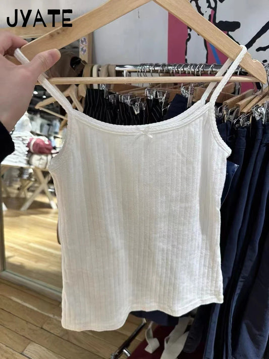 Basic White Eyelet Bow Tank Tops Women Summer New Cotton Soft Casual Slim Sleeveless Cropped Vest Sweet Chic Cute Cozy Camis Y2K