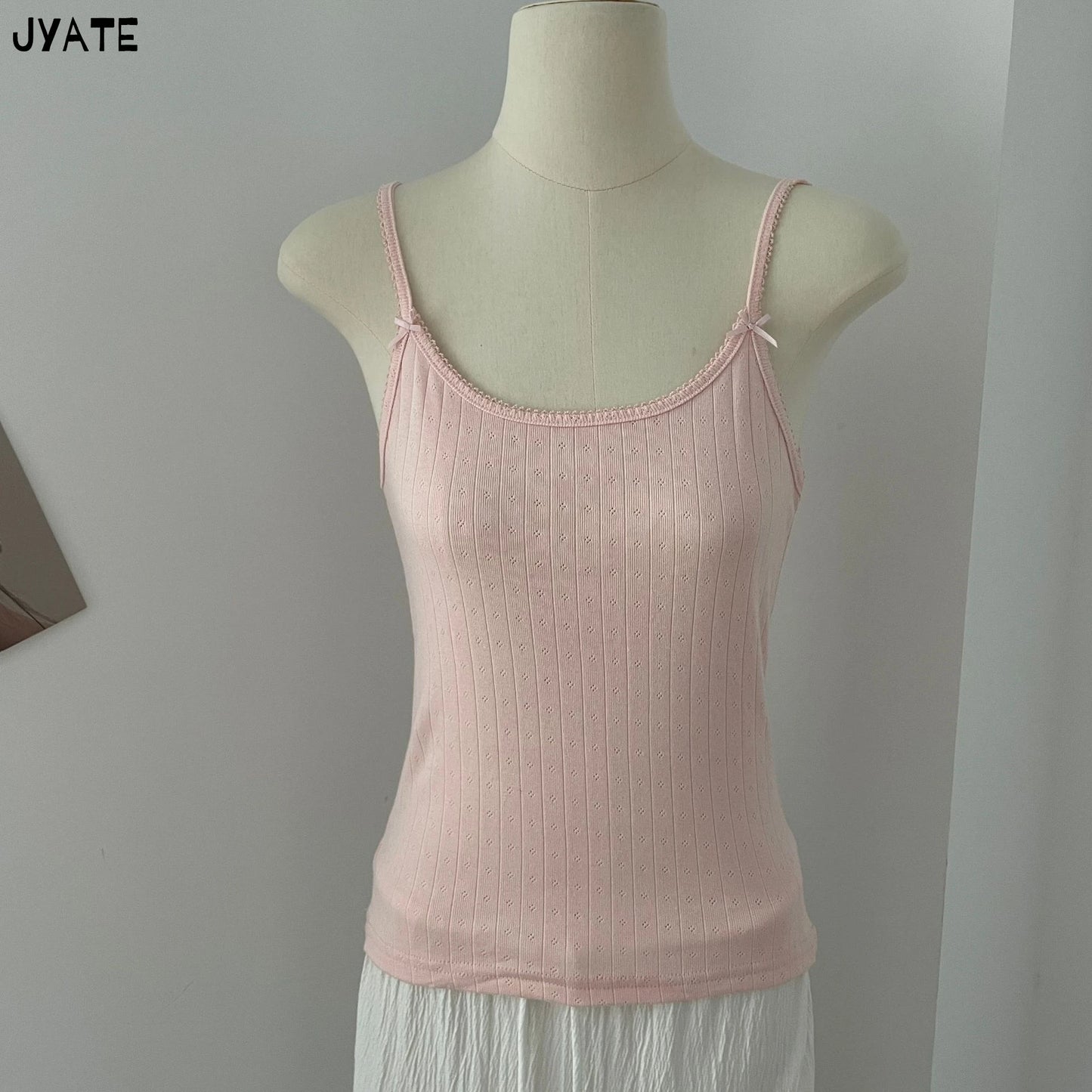 Sweet Lace Trim Eyelet Bow Tank Tops Women Cotton Soft Casual Solid Slim Basic Sleeveless Vests Cute Preppy Style Camisole Y2K
