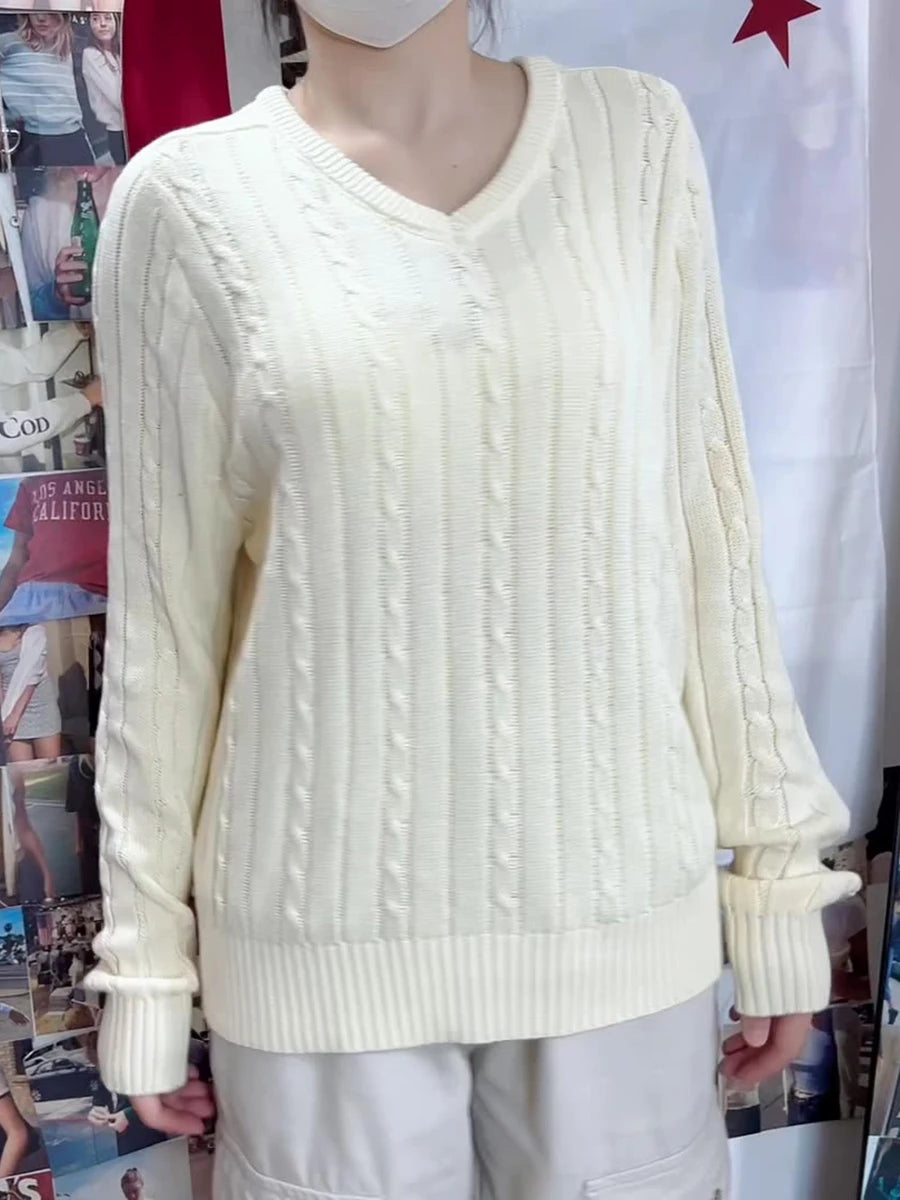 Women V-neck Knitted Sweater Casual Autumn Winter Cotton Warm Loose Twisted Flower Pullover Tops Harajuku Solid Vintage Jumper