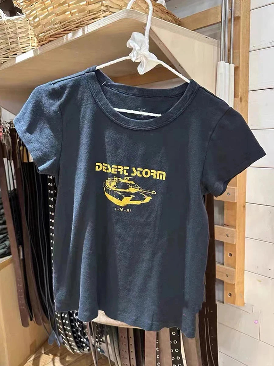 Fashion Slim Simple Letter Print Crop Tops Women Chic Streetwear Cotton O-neck Short Sleeve Tees Female Casual Vintage Y2K Tops
