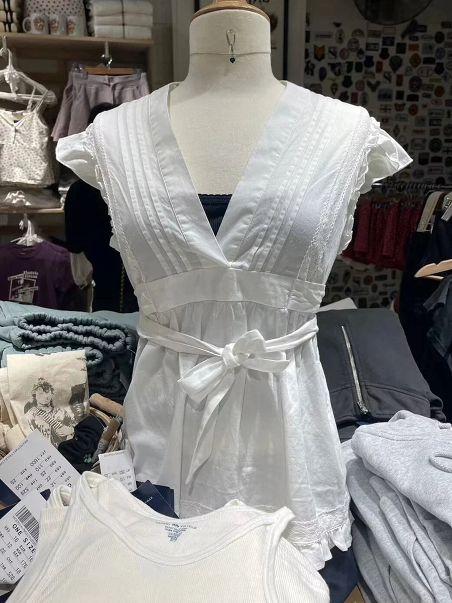 White Ruffled Chic V-neck T-shirts Women Sexy Lace-up Cute Casual Short Sleeve Tee Female Sweet Vintage Vests Tops Clothes Y2K