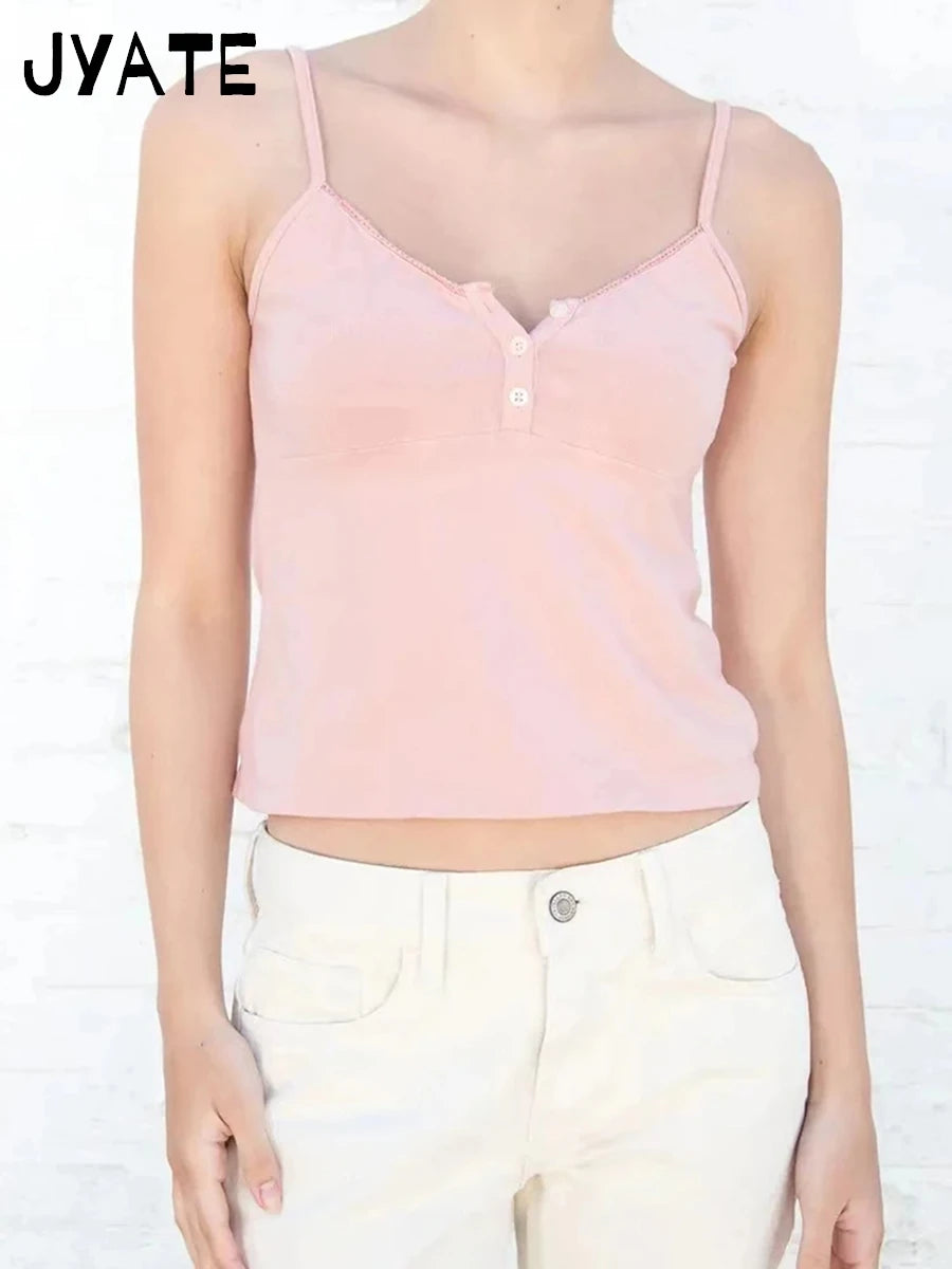 Sweet Cute Pink Buttons Tank Tops Women New Cotton Casual Slim Lace Trim Sleeveless Vests Female Vintage Simple Chic Camis Y2K