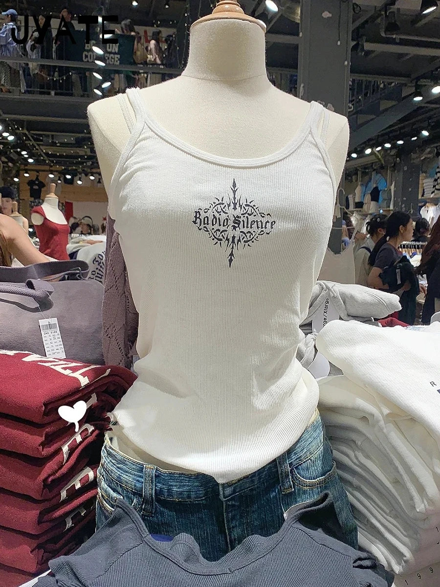 Retro Letter Print Ribbed Tank Tops Women Summer New Slim Casual Simple U-neck Sleeveless Vests Sweet Cute Vintage Camisole Y2K