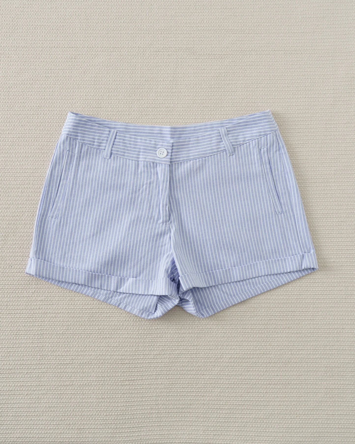 Blue Striped Blouse T-shirt Short Set Women Summer Buttons Slim Tees+Straight Sweatshorts Outfits Sweet Home Pajama 2 Piece Sets